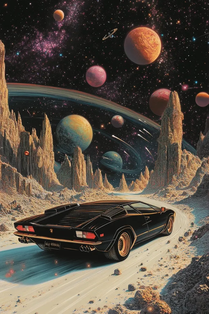 A black Lamborghini Countach drives on a desolate, alien planet.  Towering rock formations rise in the background against a vibrant, star-filled sky.  Several planets of varying sizes and colors are visible, along with shooting stars and a ringed planet.  The scene evokes a retro-futuristic, space-age aesthetic.