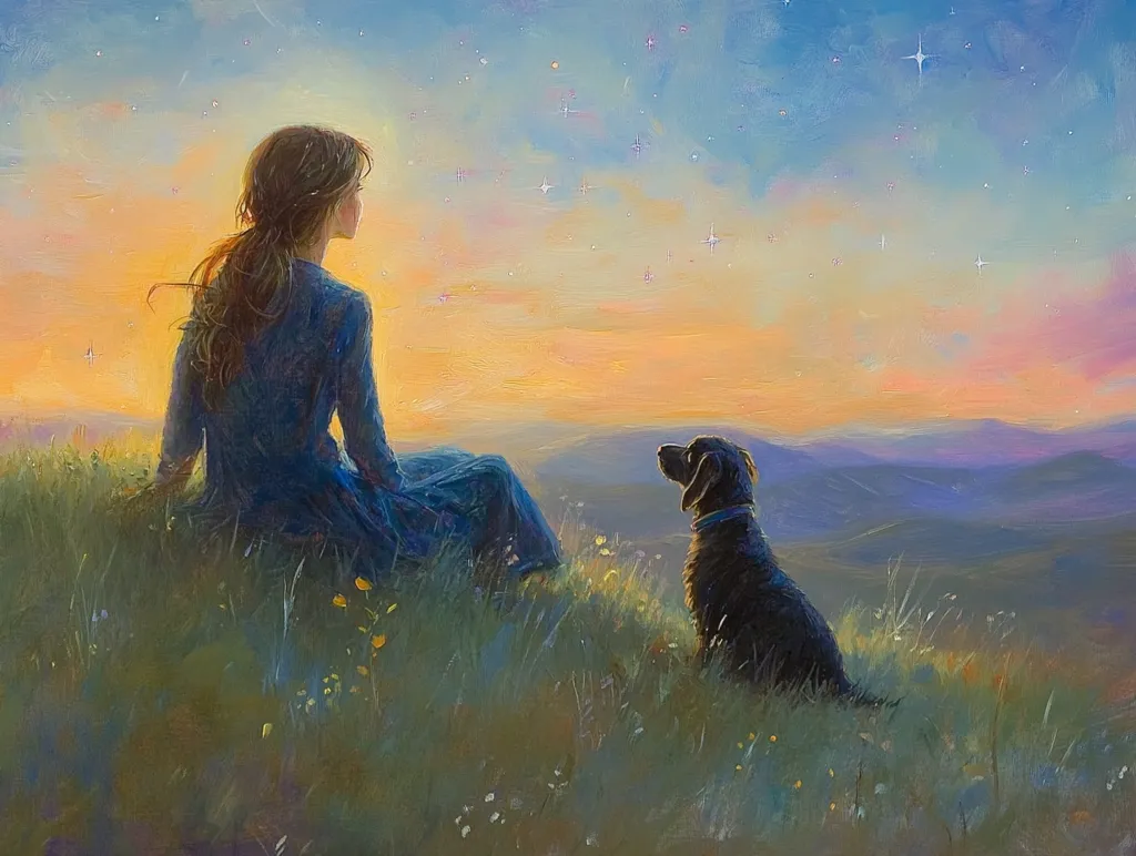 A serene painting depicts a young woman in a blue dress seated on a grassy hilltop, her back to the viewer, gazing at a twilight sky filled with stars.  Beside her, a black dog sits attentively, sharing the view of the distant, softly lit mountains. The overall mood is peaceful and contemplative, suggesting a moment of quiet reflection in nature.