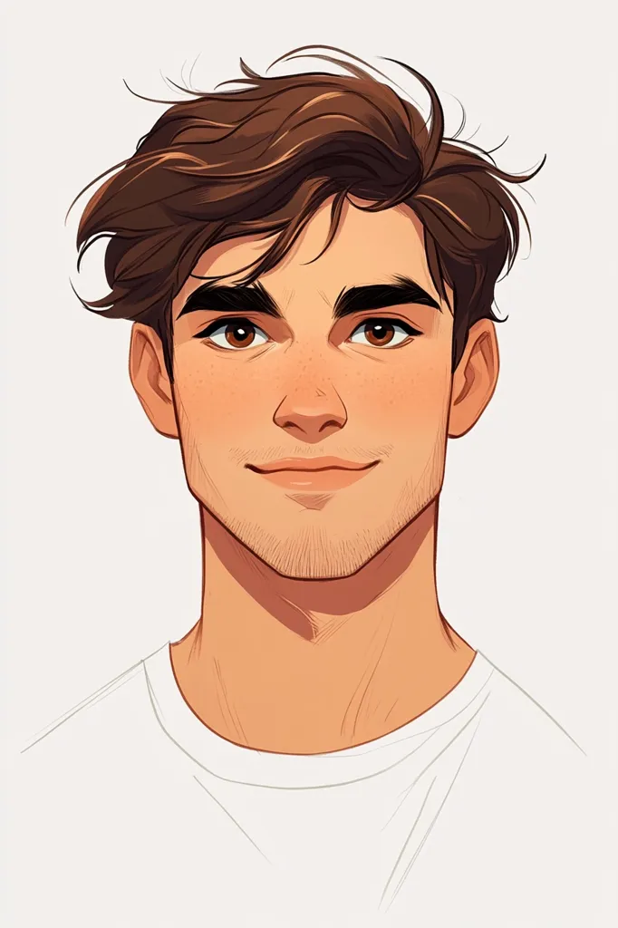 A stylized portrait of a young man with light brown, slightly tousled hair. He has a warm complexion, accented by subtle freckles, and dark brown eyes.  His expression is soft and pleasant, a gentle smile playing on his lips.  He's dressed in a simple, white crew-neck t-shirt, the focus remaining entirely on his face and upper body. The style is clean and modern, with smooth lines and a vibrant color palette.