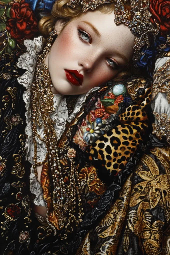 A meticulously detailed painting portrays a woman reclining, adorned in opulent Baroque-style attire.  Her face, delicately painted with realistic detail, showcases her fair skin and striking features.  She wears a lavish jeweled crown and necklace, complemented by a richly patterned garment featuring leopard print and gold embroidery. Red roses and dark fabrics add depth to the composition. The overall impression is one of luxurious decadence and regal beauty.