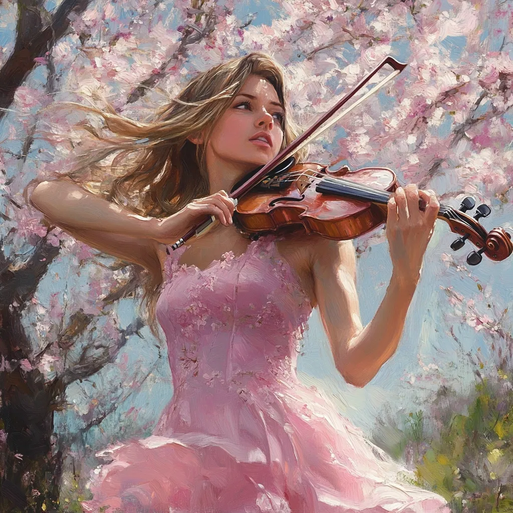 A young woman with flowing blonde hair, dressed in a pale pink dress, plays a violin under a blossoming cherry tree.  Sunlight filters through the delicate pink and white flowers, creating a dreamy, romantic atmosphere. The woman's expression is serene and focused as she plays, her arms elegantly positioned. The painting's style is impressionistic, with visible brushstrokes adding to its ethereal quality.