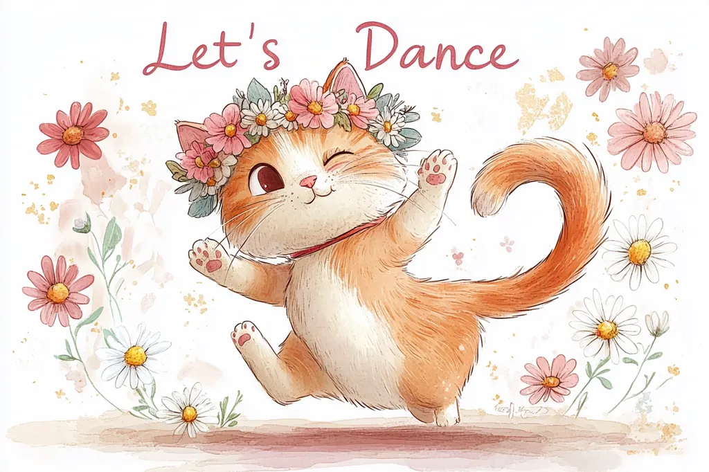 An adorable ginger kitten, wearing a flower crown, joyfully dances amidst a whimsical watercolor scene.  The words "Let's Dance" are elegantly scripted above.  Surrounding the kitten are various pink and white flowers, creating a cheerful and playful atmosphere.  The style is cute and illustrative, perfect for a greeting card or children's book.