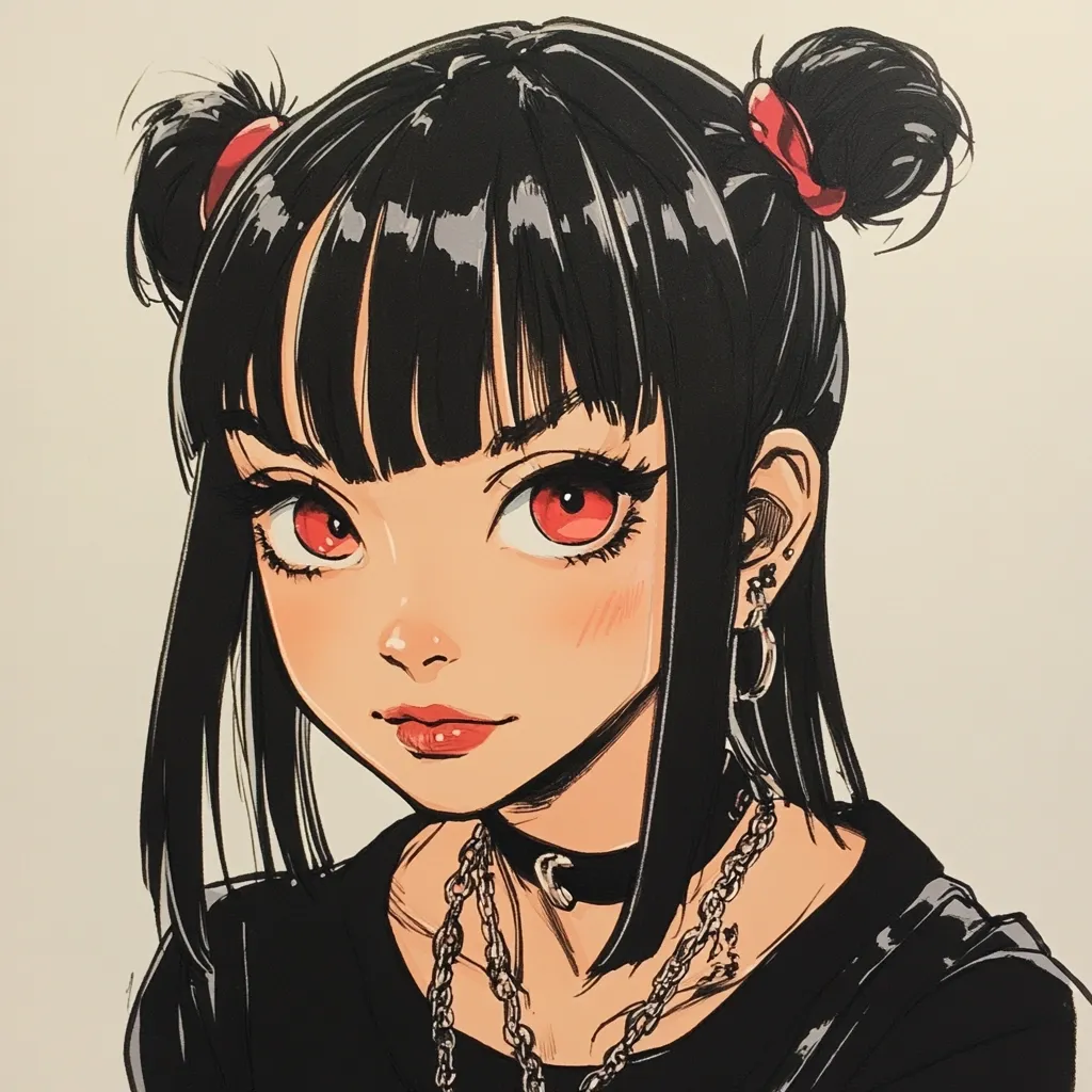 A stylized anime-inspired illustration depicts a young woman with vibrant red eyes and black hair styled in high buns.  Her expression is subtly confident, and she wears dark clothing accented with silver chains and small earrings.  The art style is detailed, with a focus on smooth skin and sharp lines, creating a striking visual effect.  Her overall look blends anime aesthetics with elements of goth subculture.