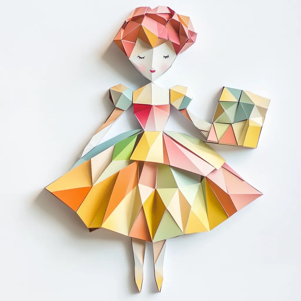 A charming paper doll, crafted from colorful geometric shapes, is depicted.  Her dress, a vibrant array of pastel triangles, flows around her.  Her hair is a similarly textured, rosy-pink.  She holds a small, geometrically designed object, perhaps a book or a gift. The overall style is whimsical and modern, showcasing intricate paper art.