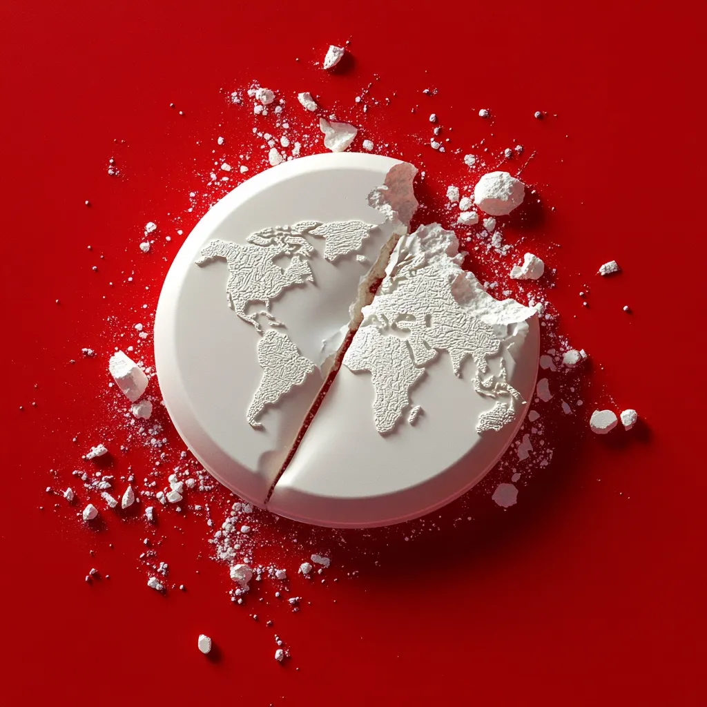 A large, round white pill, imprinted with a world map, is dramatically cracked in half against a vibrant red background.  White powder fragments scatter around the broken pill, emphasizing the fractured globe. The image creates a powerful visual metaphor, possibly representing global division, fragility, or a crisis.