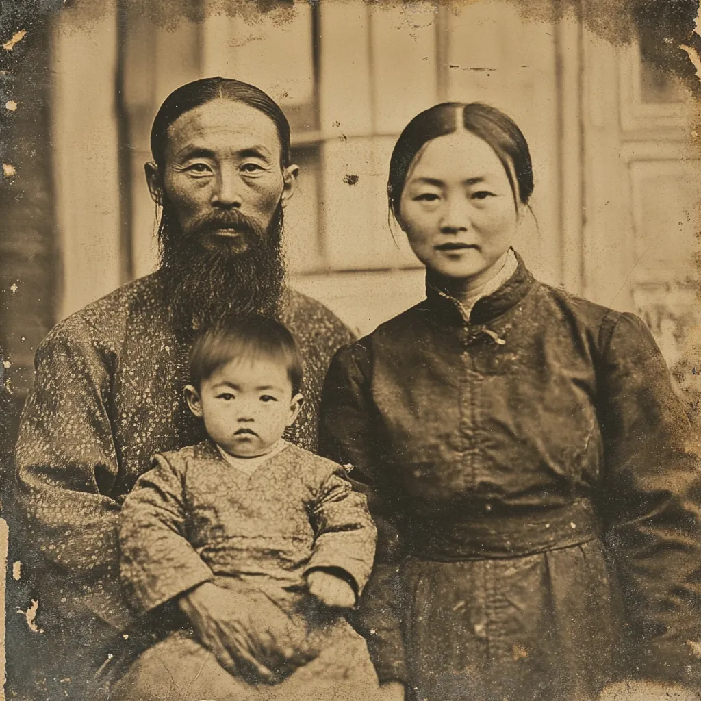 A sepia-toned antique photograph depicts a family portrait.  A man with a long beard holds a toddler on his lap.  The woman stands beside them, her expression serious.  The family is dressed in traditional East Asian clothing, suggesting a setting in China or a neighboring country.  The image is slightly faded and shows signs of age.