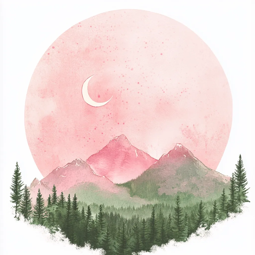 A watercolor painting depicts a serene landscape.  A crescent moon hangs in a large, soft pink sky, which dominates the upper half of the composition.  Below, a range of pinkish-hued mountains rises behind a dark green, dense forest. The style is minimalist and evokes a calm, peaceful atmosphere.