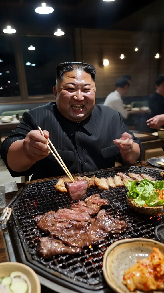 Kim Jong-un, the Supreme Leader of North Korea, is pictured enjoying a meal of grilled meat.  He smiles broadly while using chopsticks to select a piece of cooked beef from a sizzling grill. Other diners are visible in the background of the dimly lit restaurant.  The scene shows a relaxed and informal setting.