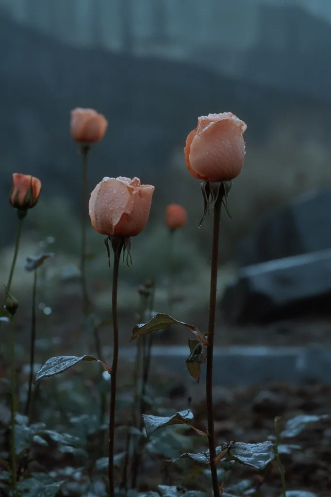 Several peach-colored rosebuds stand tall amidst a backdrop of muted greens and grays.  Rain droplets cling to their petals, enhancing their delicate appearance. The overall mood is somber and reflective, possibly suggesting a melancholic or contemplative scene. The background is blurred, drawing focus to the roses' simple beauty.