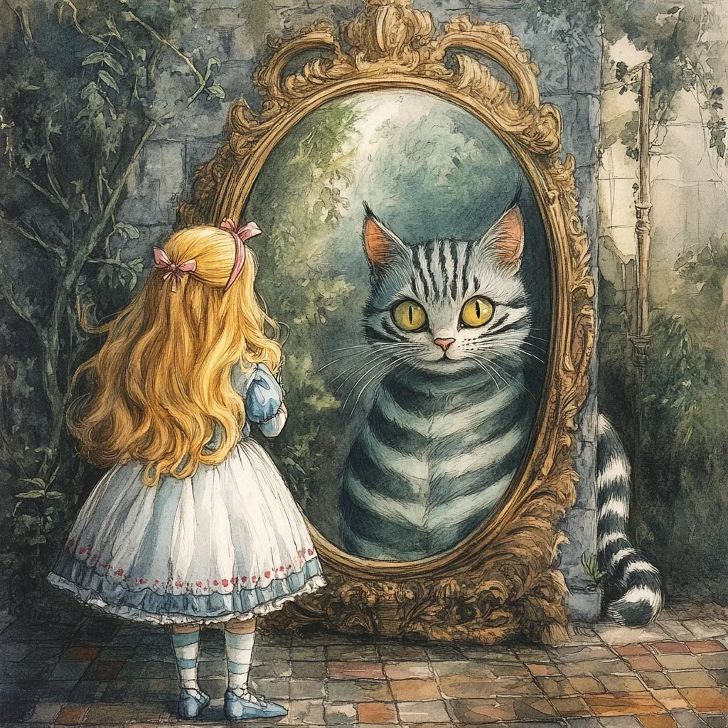 A young girl, Alice, in a light blue dress stands before an ornate mirror.  Her long blonde hair cascades down her back. The mirror reflects a large, striped cat with intense yellow eyes, its tail extending out from the frame. The scene is set in a garden with a stone wall, suggesting a whimsical, possibly fairytale setting.  The artwork is rendered in a watercolor style, rich with detail and atmospheric perspective.
