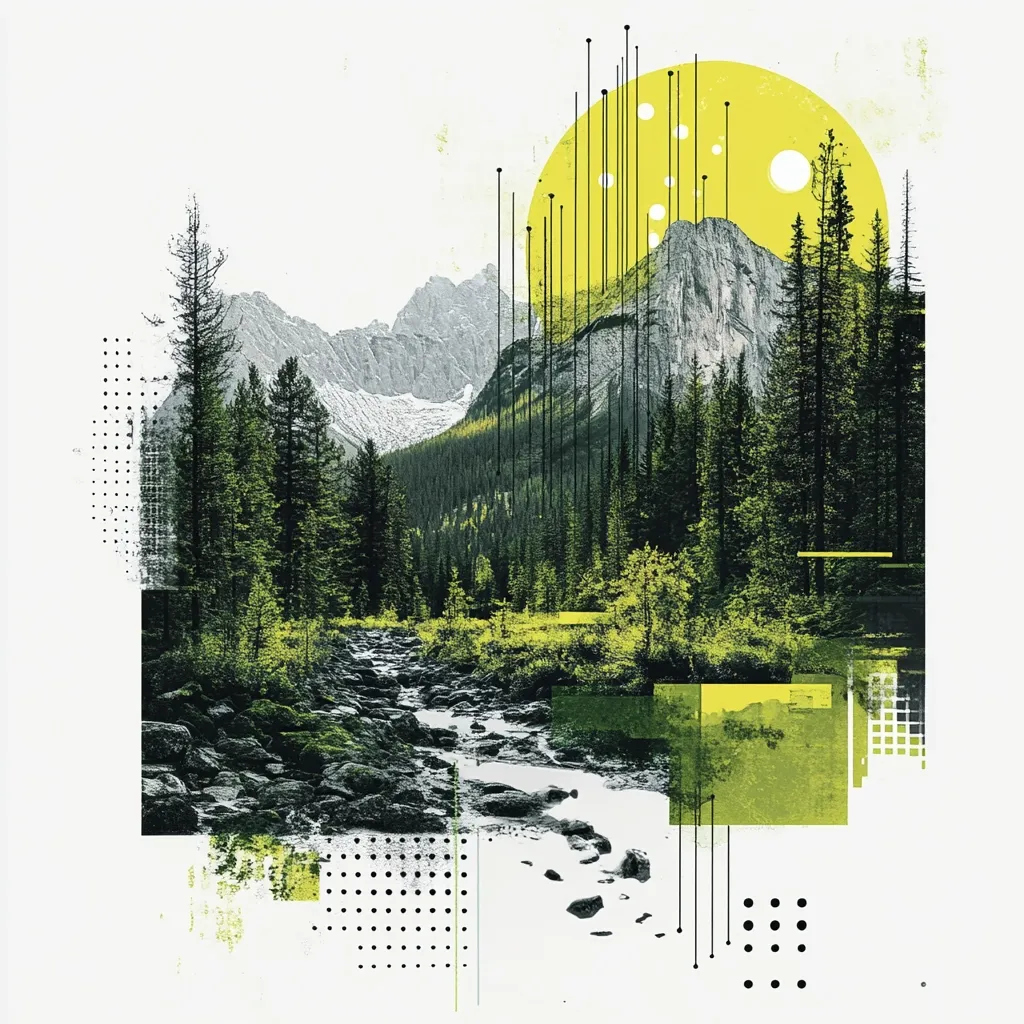 A serene mountain landscape is depicted, featuring a flowing stream meandering through a lush forest of evergreen trees.  Towering mountains form a dramatic backdrop, partially obscured by a stylized, bright yellow sun or light source.  Geometric shapes and lines, in black and chartreuse, are overlaid, creating a modern, abstract collage effect, juxtaposing nature's tranquility with graphic design elements.