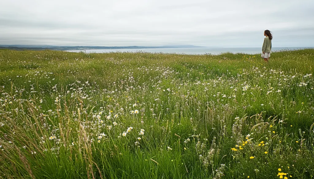 A woman stands in a field of wildflowers, gazing at a distant coastline under a cloudy sky.  The field is lush and green, dotted with numerous white daisies and interspersed with taller grasses. The ocean is calm and stretches to the horizon, creating a peaceful and serene landscape.  The overall mood is one of tranquility and solitude.