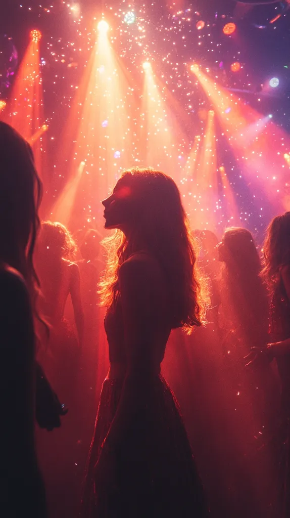 A woman with long, flowing hair stands silhouetted against a vibrant backdrop of stage lights and swirling confetti.  The warm, red and orange lighting creates a dramatic atmosphere in a crowded club or concert.  Other figures are partially visible, lost in the energetic ambiance of the scene.  The image evokes a feeling of excitement and lively celebration.