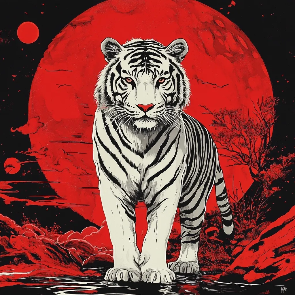 A striking illustration features a majestic white tiger, its black stripes sharply defined against a backdrop of a large, ominous red moon.  The tiger stands majestically in a dark, seemingly watery landscape, silhouetted against the vibrant red celestial body.  A smaller red moon is visible in the upper left corner, adding to the dramatic atmosphere.  The style is graphic and bold, with a strong contrast between light and dark.