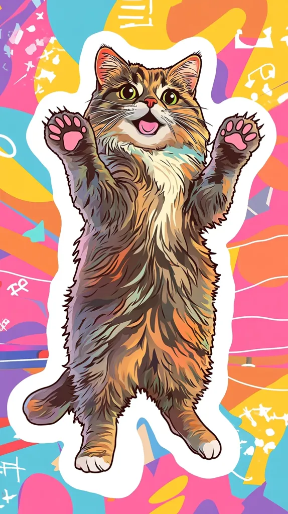 A playful, cartoon-style illustration of a long-haired calico cat standing on its hind legs with paws raised.  The cat has a cheerful expression, and its vibrant fur contrasts with a bright, abstract background of swirling colors and shapes reminiscent of 90s design. The cat is depicted in a sticker-like format, enhancing its playful and fun aesthetic.