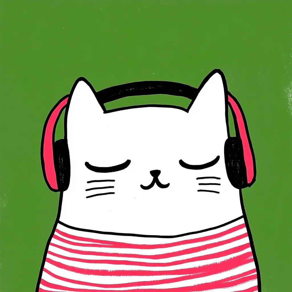 A cute cartoon illustration of a white cat wearing red and black headphones and a red and white striped sweater.  The cat has its eyes closed, appearing relaxed and peaceful. The background is a solid olive green. The style is simple and childlike, with bold outlines and flat coloring.