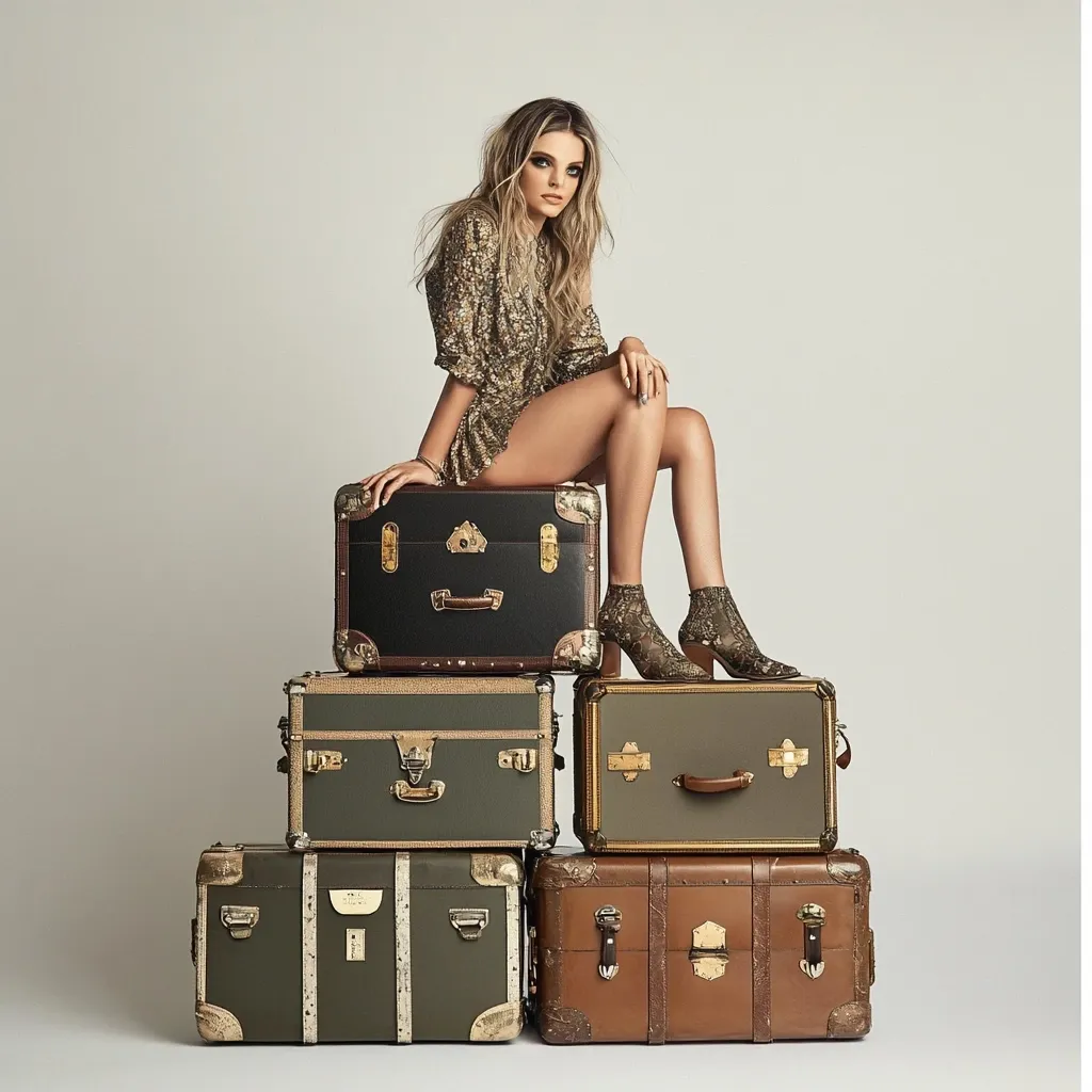 A young woman in a gold sequined dress sits atop a stack of vintage luggage.  The suitcases are various shades of green and brown, with brass hardware.  She wears ankle boots and her blonde hair is styled loosely. The overall aesthetic is glamorous and evokes a sense of travel and adventure.
