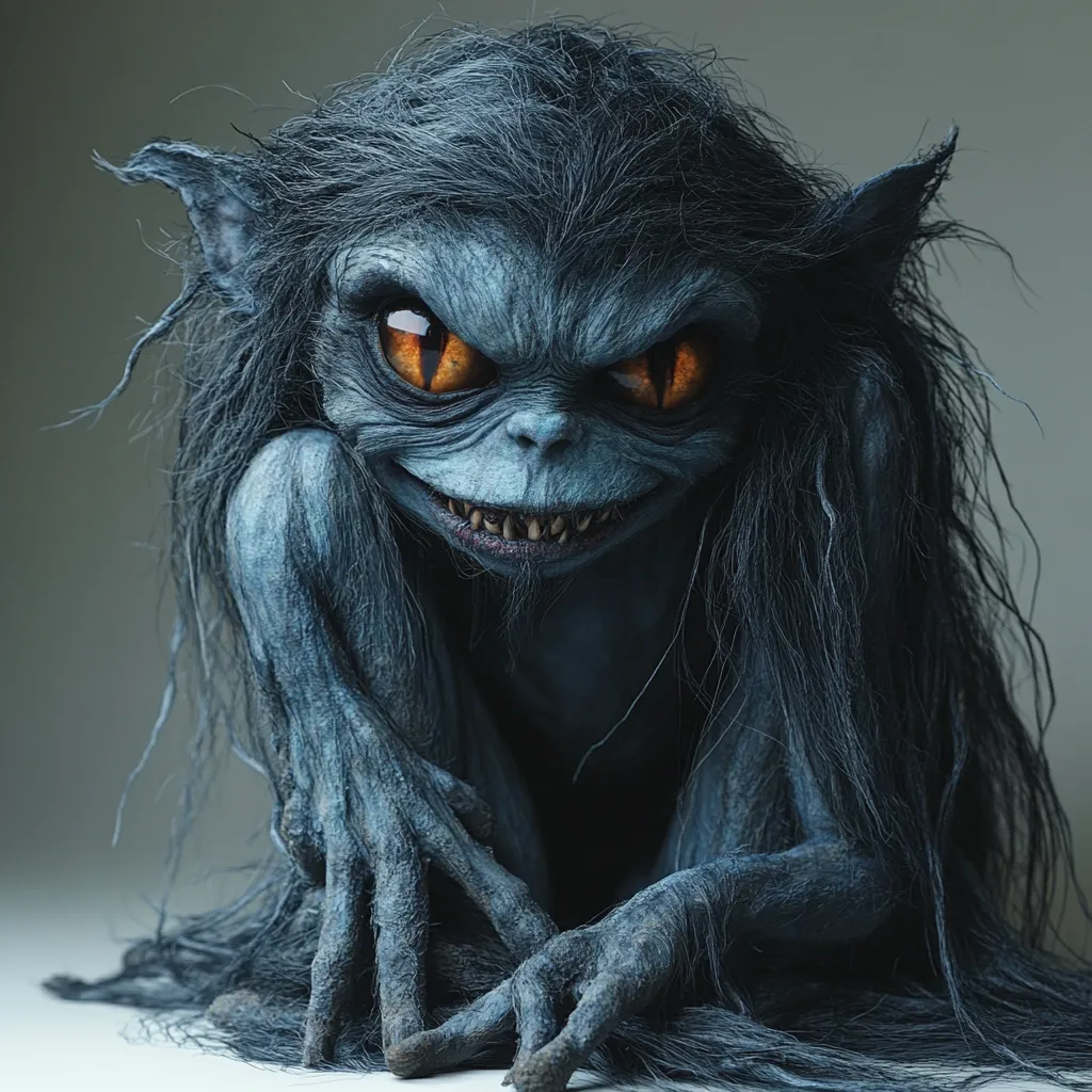 A creature with bluish-gray skin, long dark hair, pointed ears, and bright orange eyes crouches. Its expression is a sinister grin, revealing sharp teeth.  The creature's hands end in clawed fingers, and its overall appearance is unsettling and potentially malevolent. The image is stark, with a neutral background highlighting the creature's features.