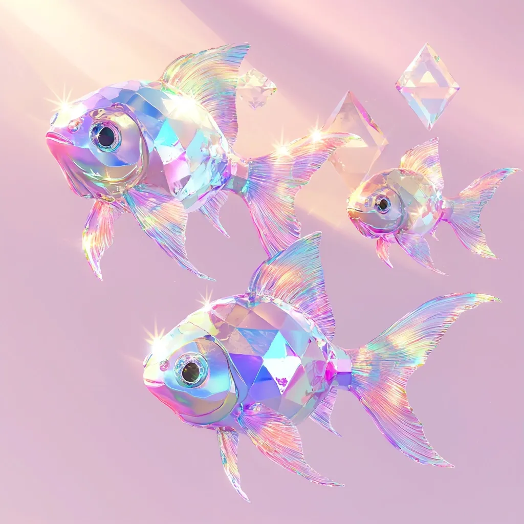 Three iridescent, geometric goldfish swim against a soft pink background.  Their bodies shimmer with pastel colors, resembling faceted crystals.  Crystalline shapes float nearby, enhancing the ethereal, dreamlike quality of the scene. The fish have large, expressive eyes and delicate, translucent fins. The overall style is whimsical and artistic.