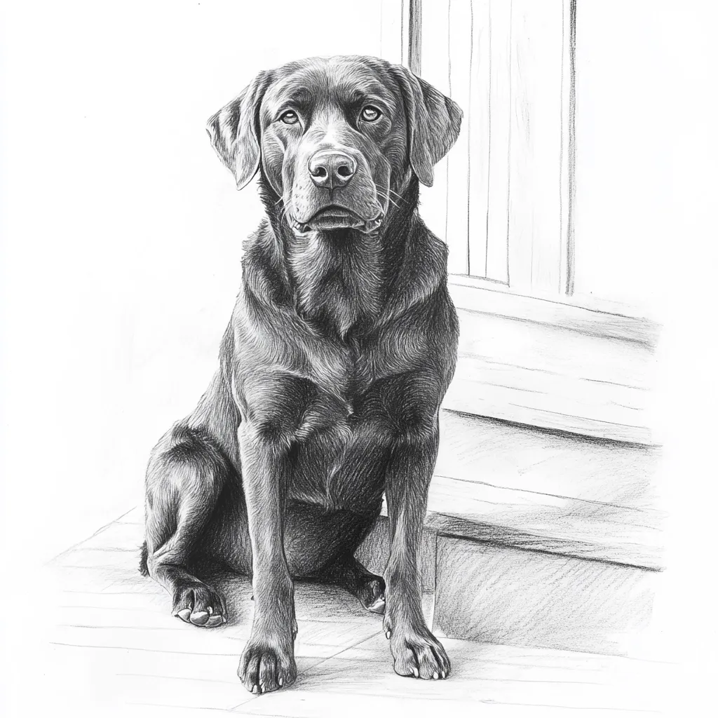 A detailed pencil sketch depicts a chocolate Labrador Retriever seated attentively.  The dog's fur is meticulously rendered, showcasing its texture and depth.  It sits patiently on a porch step, gazing directly at the viewer with a calm expression. The background features a simply drawn wooden door and floor, allowing the dog to be the focal point of the artwork. The artist's skill is evident in the realistic portrayal of the animal.