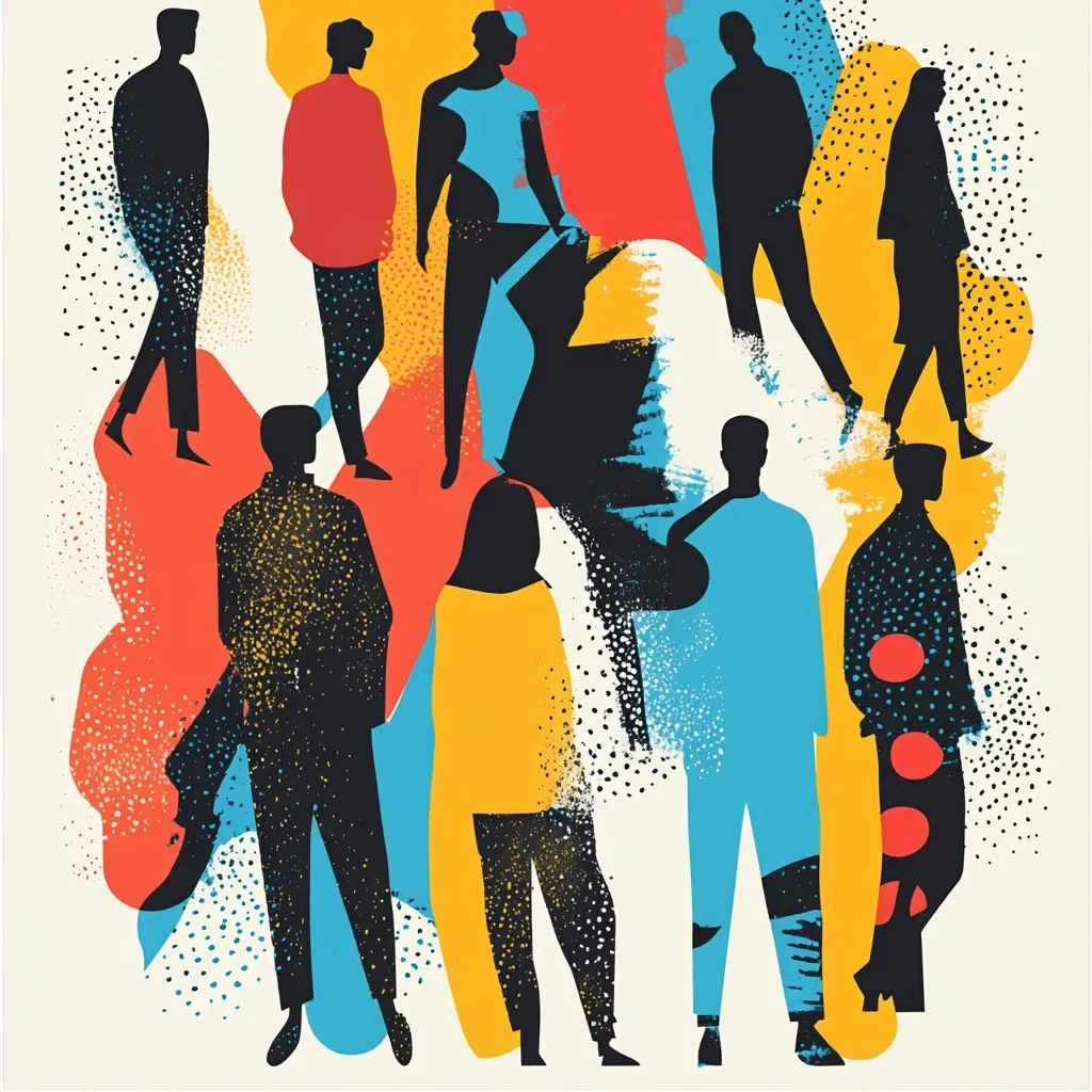A vibrant illustration depicts a diverse group of individuals silhouetted against a backdrop of bold, abstract shapes and splashes of color. The figures, rendered in black, vary in posture and attire, suggesting a dynamic scene of interaction. The color palette is comprised of bright oranges, yellows, blues, and reds, creating a visually striking contrast with the dark silhouettes.  The overall effect is one of energy and movement, suggesting community and diversity.