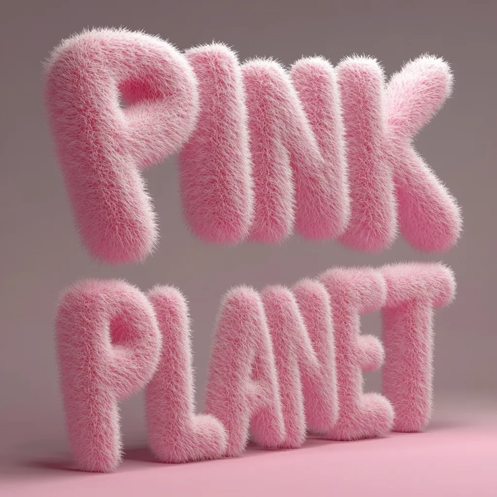 The image shows the words "PINK PLANET" rendered in three dimensions.  Each letter is fluffy and pink, appearing to be made of fur or a similar textured material.  The letters are stacked vertically, with "PINK" above "PLANET," against a muted pink background. The overall style is soft, playful, and visually appealing.