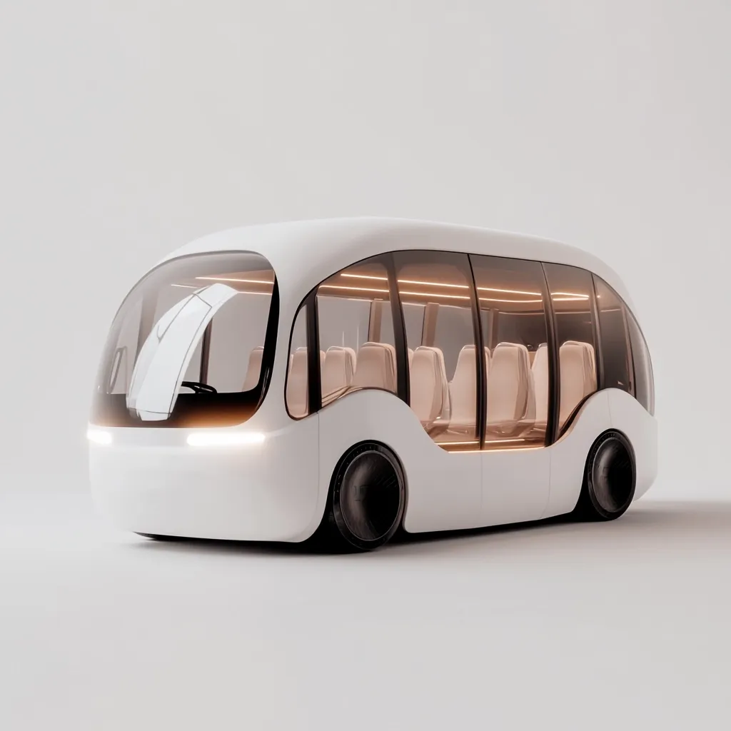 A sleek, white, futuristic minibus is showcased against a minimalist white background.  Its design is smooth and rounded, with large windows revealing a tan interior and several passenger seats.  The vehicle appears electric, emphasizing clean and modern transportation.  The image highlights the bus's innovative and potentially autonomous features.