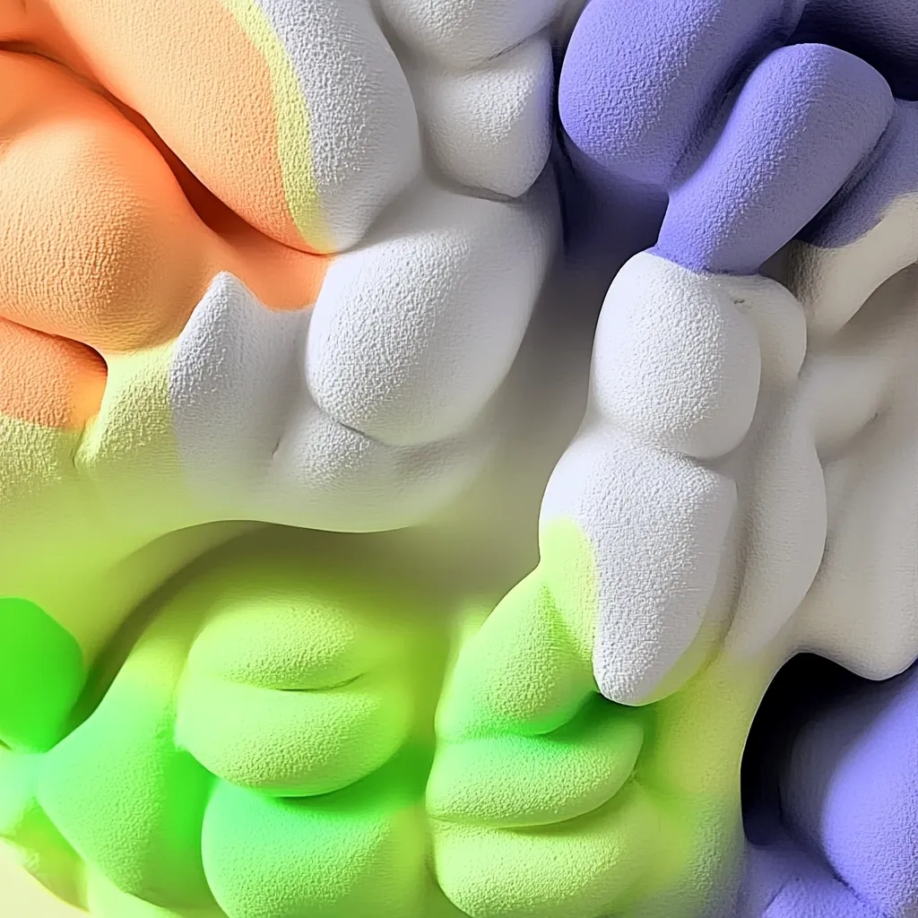 A close-up shot reveals a textured abstract sculpture, its surface a blend of pastel colors.  Soft, rounded forms in shades of peach, lime green, and lavender are intertwined, creating a visually appealing, almost organic composition.  The texture appears slightly grainy or porous, adding depth to the piece. The colors blend subtly, lacking harsh lines, giving the impression of a flowing, dreamlike landscape.