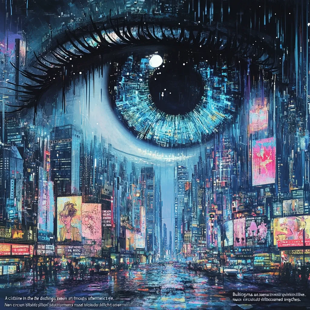 A giant eye, rendered in vibrant blues and blacks, dominates the artwork.  Its reflection shows a futuristic cityscape, teeming with towering buildings, neon signs, and bustling streets. Rain slicks the reflective surfaces, creating a mood of both wonder and melancholy.  The city is a microcosm within the eye, suggesting a connection between the observer and the urban landscape.
