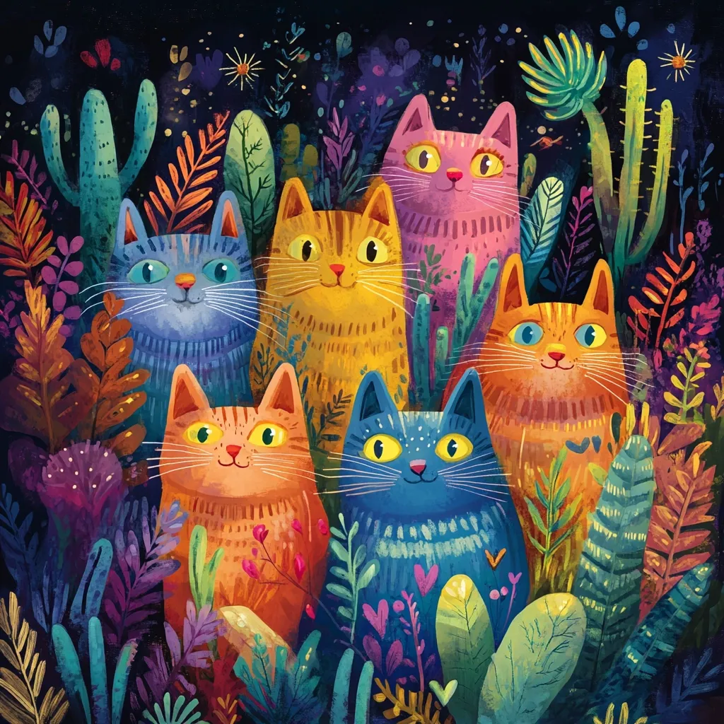A vibrant illustration features six stylized cats nestled amongst lush, colorful foliage. The cats, each a different bold hue—pink, orange, yellow, and blue—are depicted with expressive eyes and friendly smiles.  Surrounding them is a dense array of fantastical plants, cacti, and flowers, creating a whimsical, almost magical garden setting. The dark background enhances the overall vibrancy of the scene.