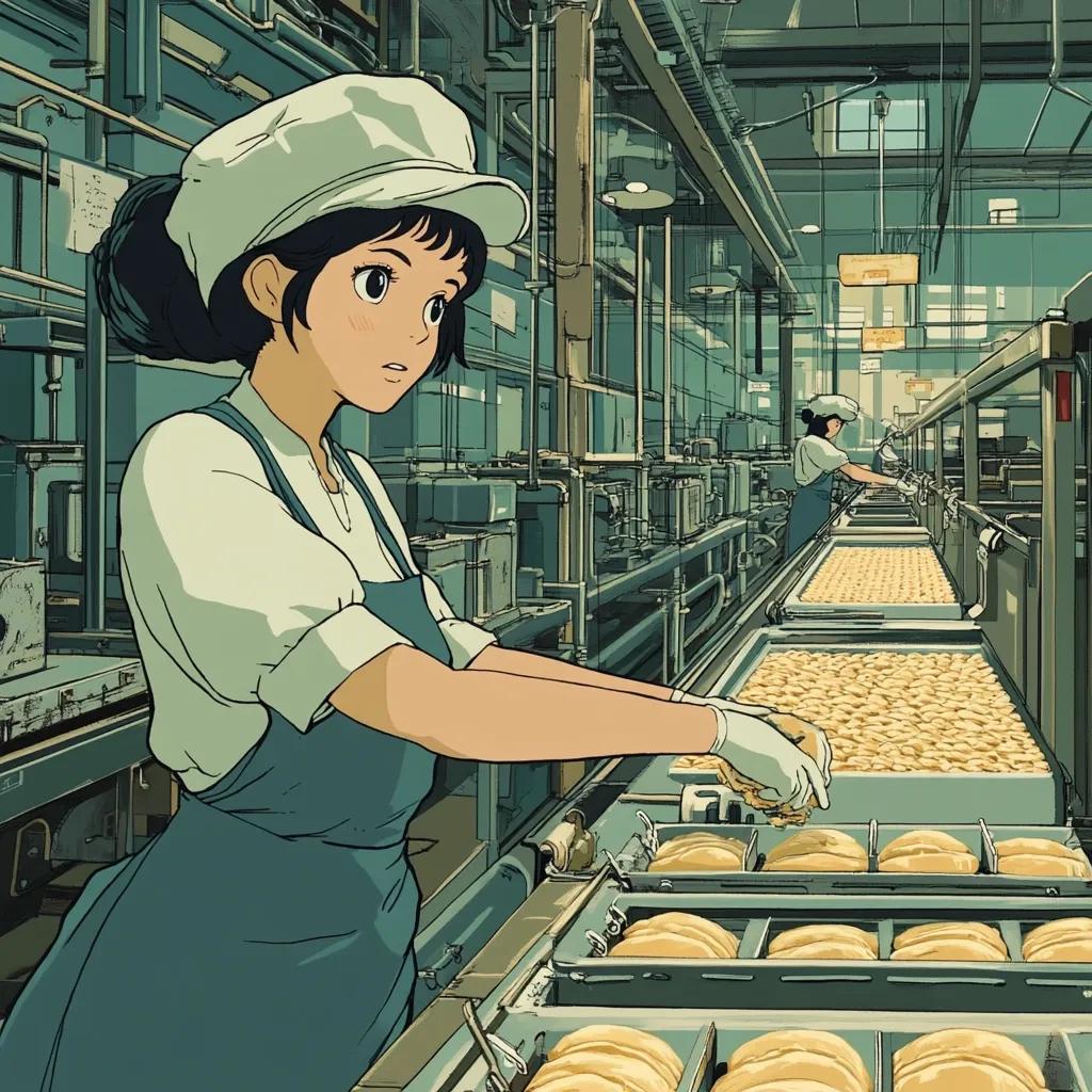 A young woman in a white cap and teal apron works on a food processing line in a factory.  The scene is depicted in an anime style, with meticulous detail on the machinery and the woman's expression. She carefully handles pale yellow food items moving along a conveyor belt. Another worker is visible further down the line. The overall atmosphere is one of quiet industry and precision.
