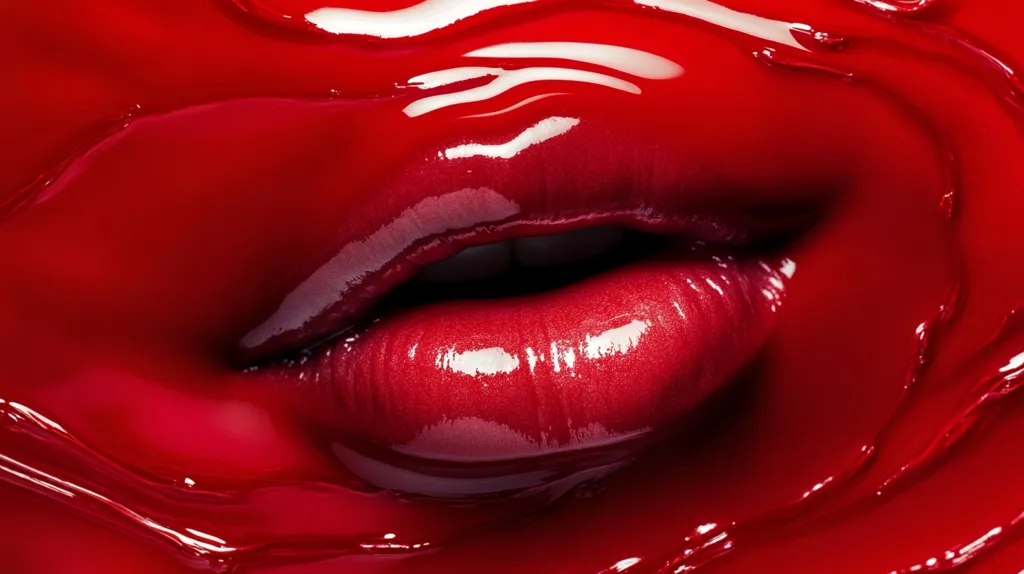 A close-up shot reveals a pair of luscious lips coated in vibrant, glossy red lipstick.  The lipstick's sheen is emphasized by the surrounding spilled, glistening red liquid, creating a dramatic and visually striking image. The texture of both the lips and the spilled liquid appears smooth and wet. The overall effect is bold and sensual.