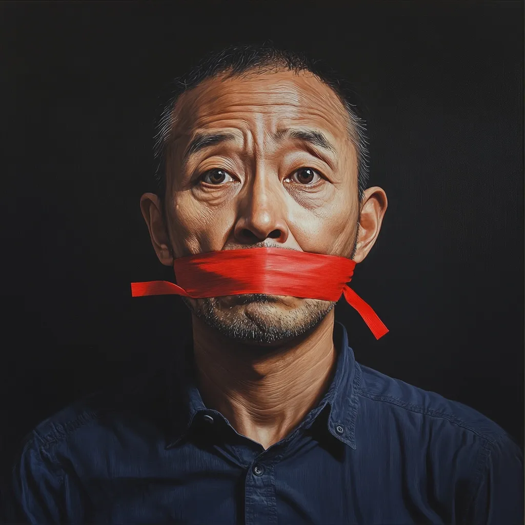 A hyperrealistic painting depicts a man with a red strip of tape across his mouth, silencing him.  His expression is somber, his eyes conveying a sense of frustration or resignation. The dark background emphasizes the man's face and the stark red of the tape, creating a powerful image of suppressed speech or silenced dissent. The detail is remarkable, showcasing the artist's skill in capturing texture and emotion.
