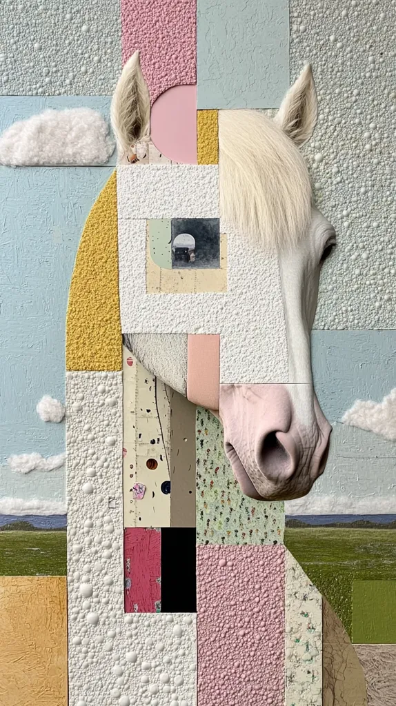 A textured, abstract artwork depicts the head and neck of a white horse.  The horse's features are incorporated into a geometric composition of pastel-colored, textured squares and rectangles.  Smaller, collaged elements add detail within the larger structure.  A painted landscape appears in the background, contrasting with the textured foreground.  The overall effect is a unique blend of realism and abstraction.