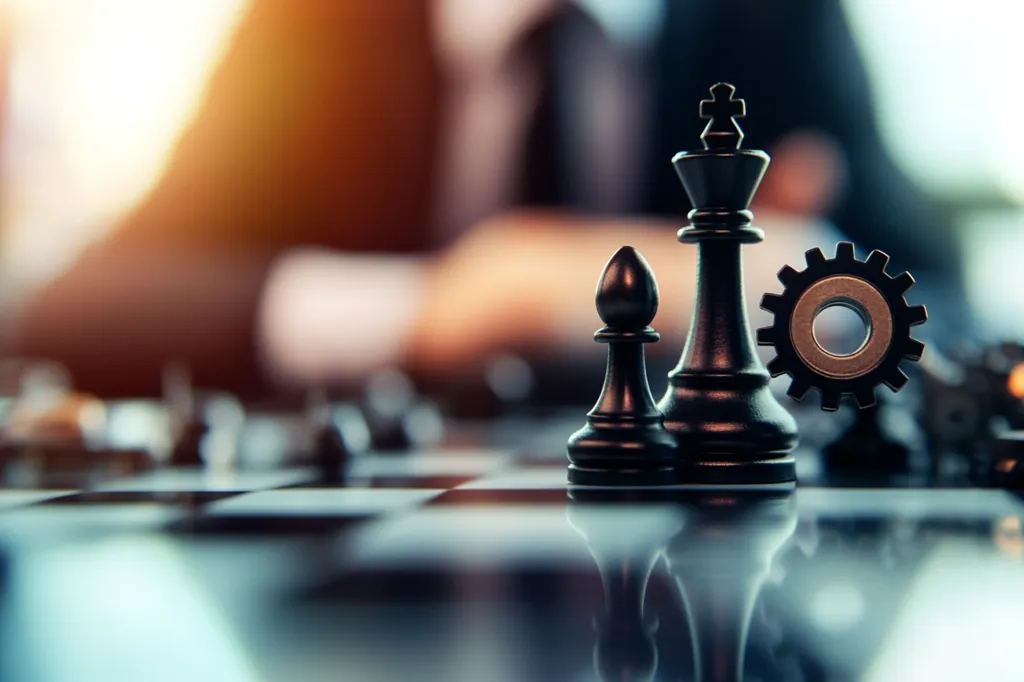 A close-up shot depicts black chess pieces, a king and pawn, positioned on a chessboard with a metal gear behind them.  The background is blurred, showing out-of-focus figures in business attire, suggesting a strategic planning or problem-solving concept related to business or management. The image emphasizes strategic thinking and efficient workflow.