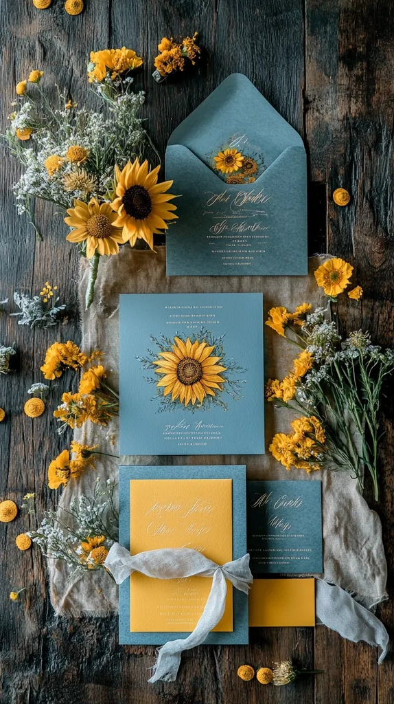 Elegant wedding stationery in shades of dusty blue and mustard yellow.  The invitation suite features sunflower illustrations and calligraphy.  A blue envelope holds a smaller card with sunflower accents.  Additional cards, tied with a delicate ribbon, are arranged with sprigs of yellow flowers and baby's breath on a rustic wooden background.  The overall aesthetic is sophisticated and romantic.