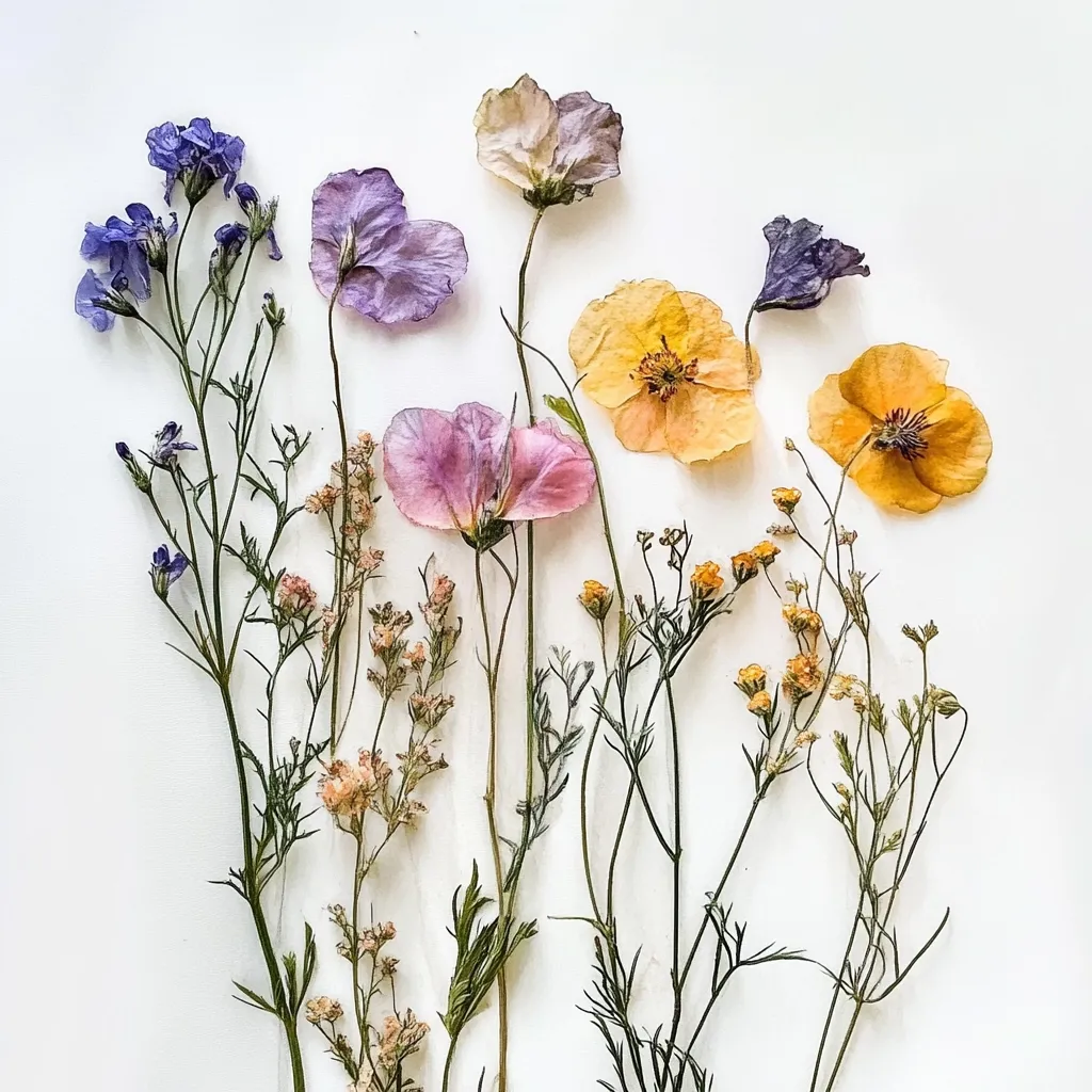 A collection of pressed and dried flowers arranged on a white background.  The assortment includes various pastel shades of purple, pink, and yellow blooms, with delicate smaller flowers interspersed. The stems and leaves are preserved, creating a delicate and artistic botanical display.  The colors are muted and soft, suggesting a peaceful and serene mood.
