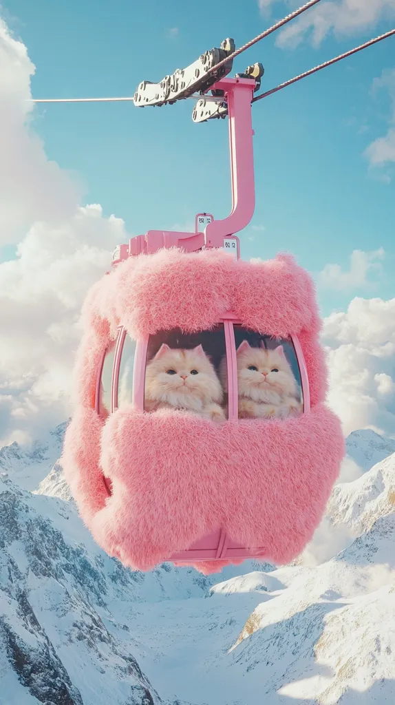 Two fluffy Persian cats enjoy a whimsical ride in a pink, furry gondola cable car.  The vibrant pink contrasts against the snowy mountain landscape below, creating a surreal and charming scene.  The gondola is suspended high above a valley of snow-covered peaks under a bright, clear sky.