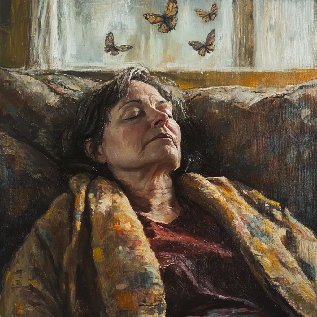 A woman naps peacefully on a couch, enveloped in a textured, multicolored shawl.  Sunlight streams through a nearby window, where several butterflies flutter. The painting's impasto style creates a sense of warmth and tranquility, emphasizing the woman's calm repose. The scene suggests a moment of quiet introspection and the gentle passage of time.