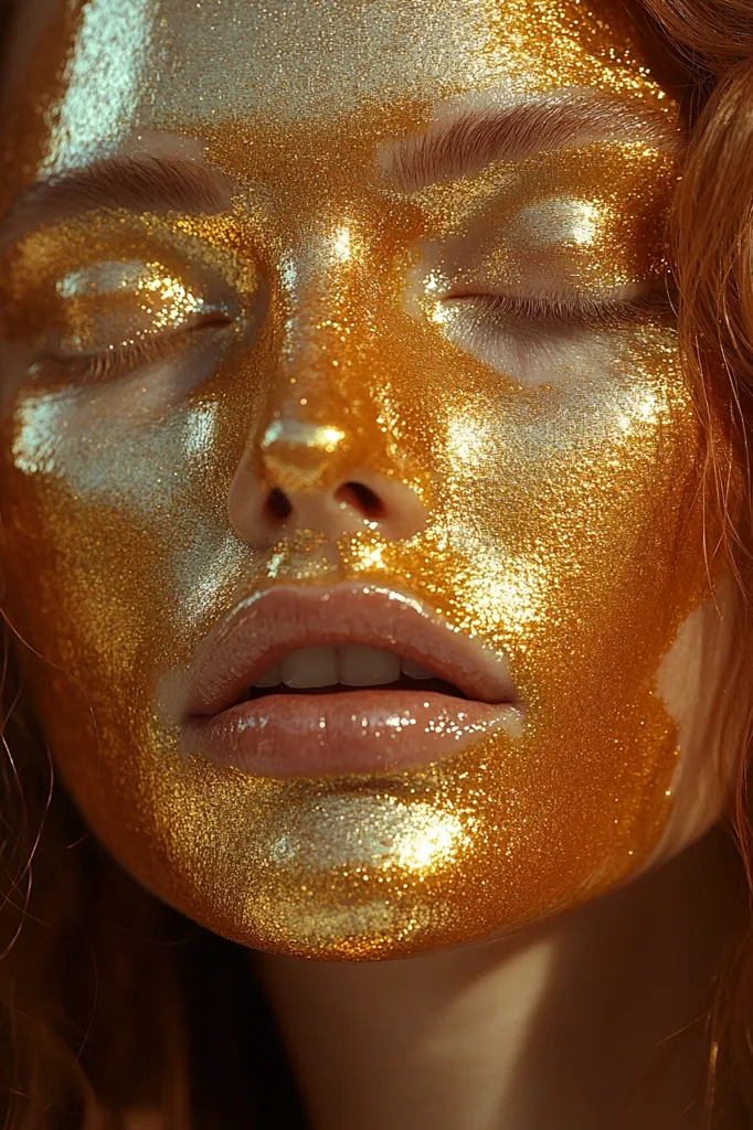 Close-up of a woman's face covered in shimmering gold glitter makeup.  Her eyes are closed, and the light catches the texture of the glitter, creating a radiant effect.  The gold pigment is applied thickly, highlighting her features and creating a dramatic, luxurious look. Her reddish-brown hair frames her face.