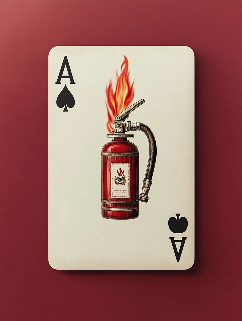 An illustration of the Ace of Spades playing card features a vintage-style fire extinguisher engulfed in flames.  The card is off-white with black spade symbols at the corners and a meticulously detailed drawing of the fire extinguisher, its red body contrasting with the orange and yellow flames. The overall style is reminiscent of antique engravings.