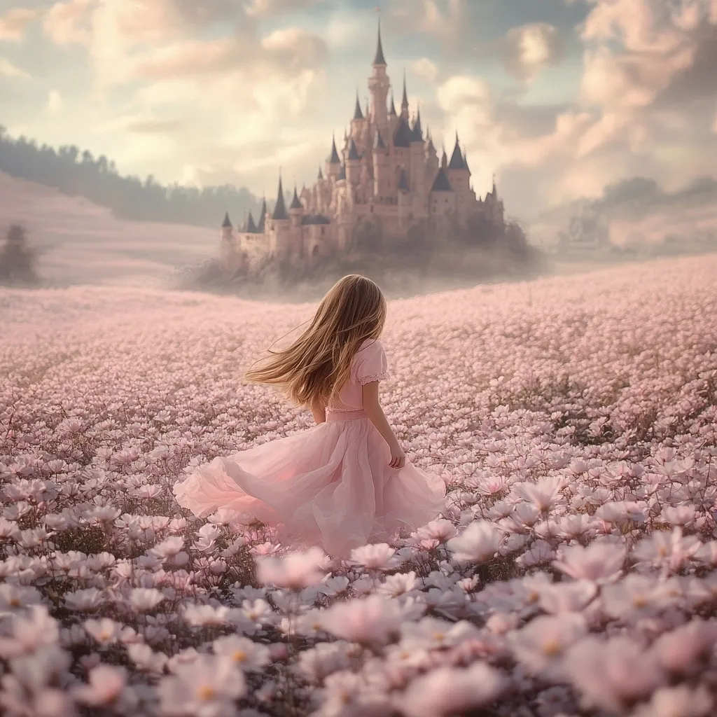 A young girl in a flowing pink dress walks through a vast field of delicate pink flowers.  A majestic fairytale castle stands in the distance, shrouded in a soft mist. The scene is idyllic and dreamlike, bathed in a warm, ethereal light.  The overall impression is one of innocence, fantasy, and a journey towards a magical destination.