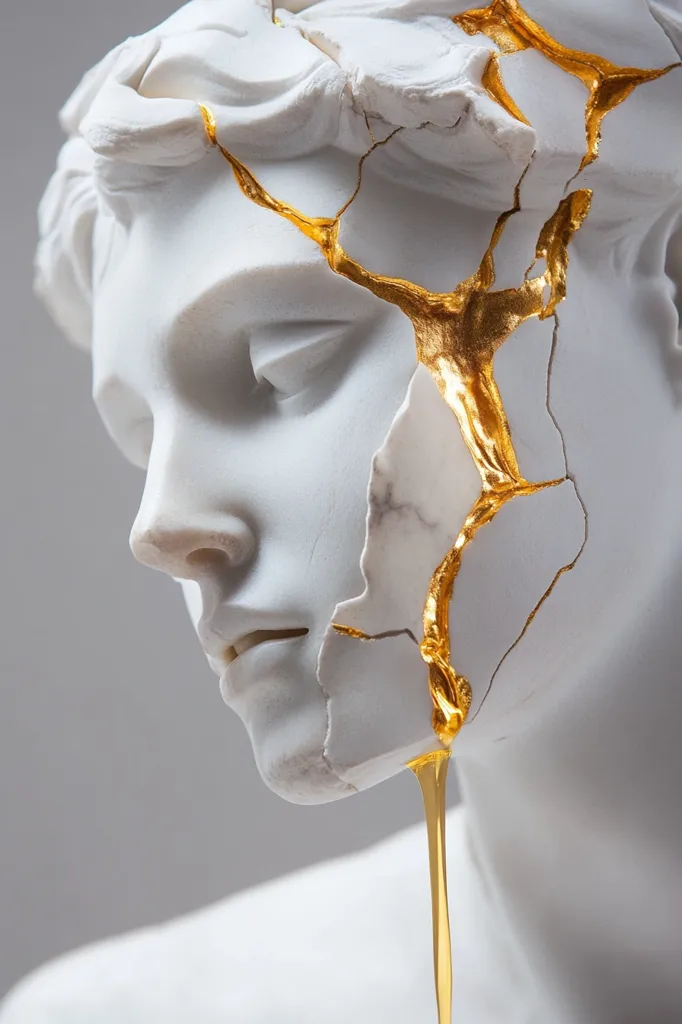 A close-up view of a white marble bust, seemingly classical in style, is dramatically fractured.  Gold resin or paint fills the cracks, creating a striking contrast. The gold flows down the bust like a liquid, adding an element of surrealism and decay to the otherwise serene sculpture. The image evokes themes of fragility, beauty, and the passage of time.