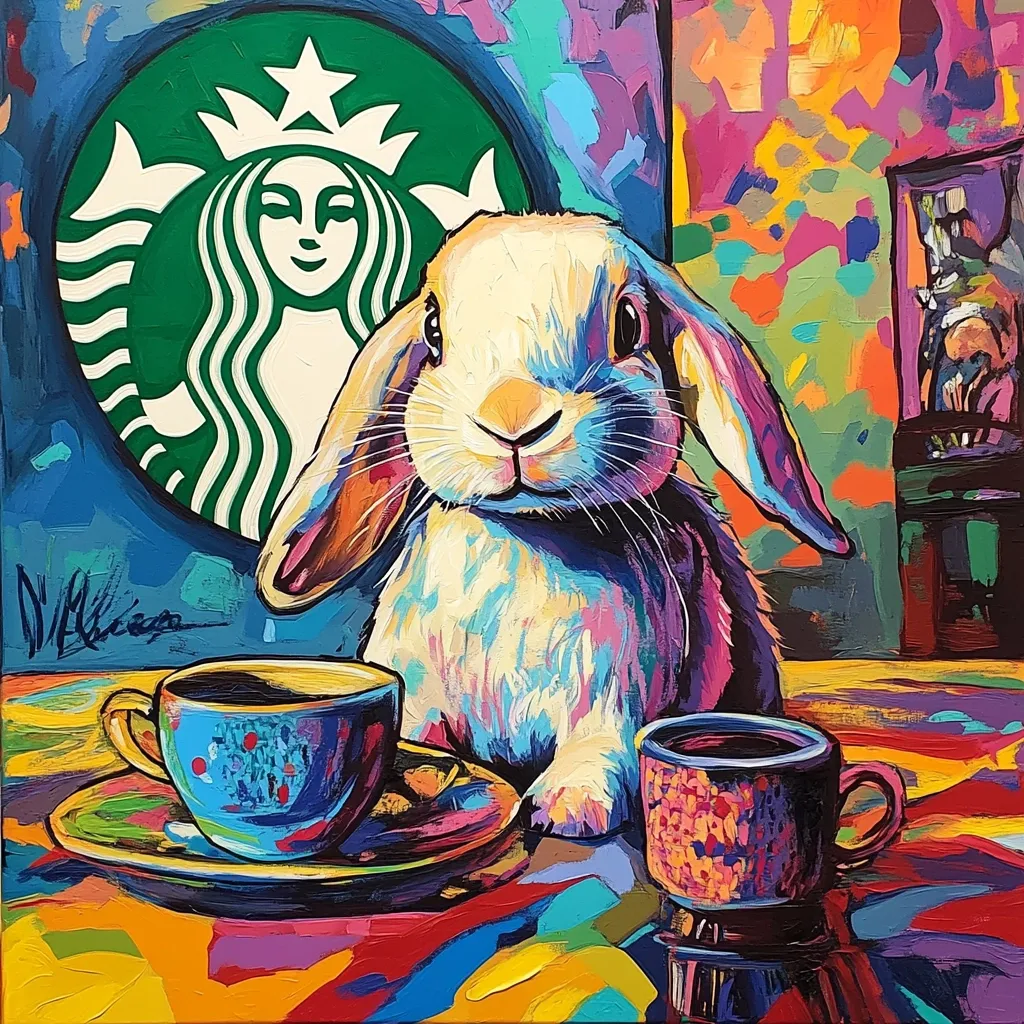 A vibrant, colorful painting depicts a fluffy white rabbit sitting at a table with two small cups of coffee.  A large Starbucks logo is prominently displayed in the background. The artwork is rendered in a bold, impasto style with bright hues and expressive brushstrokes, creating a playful and whimsical atmosphere. The rabbit appears calm and content, enjoying its coffee break.