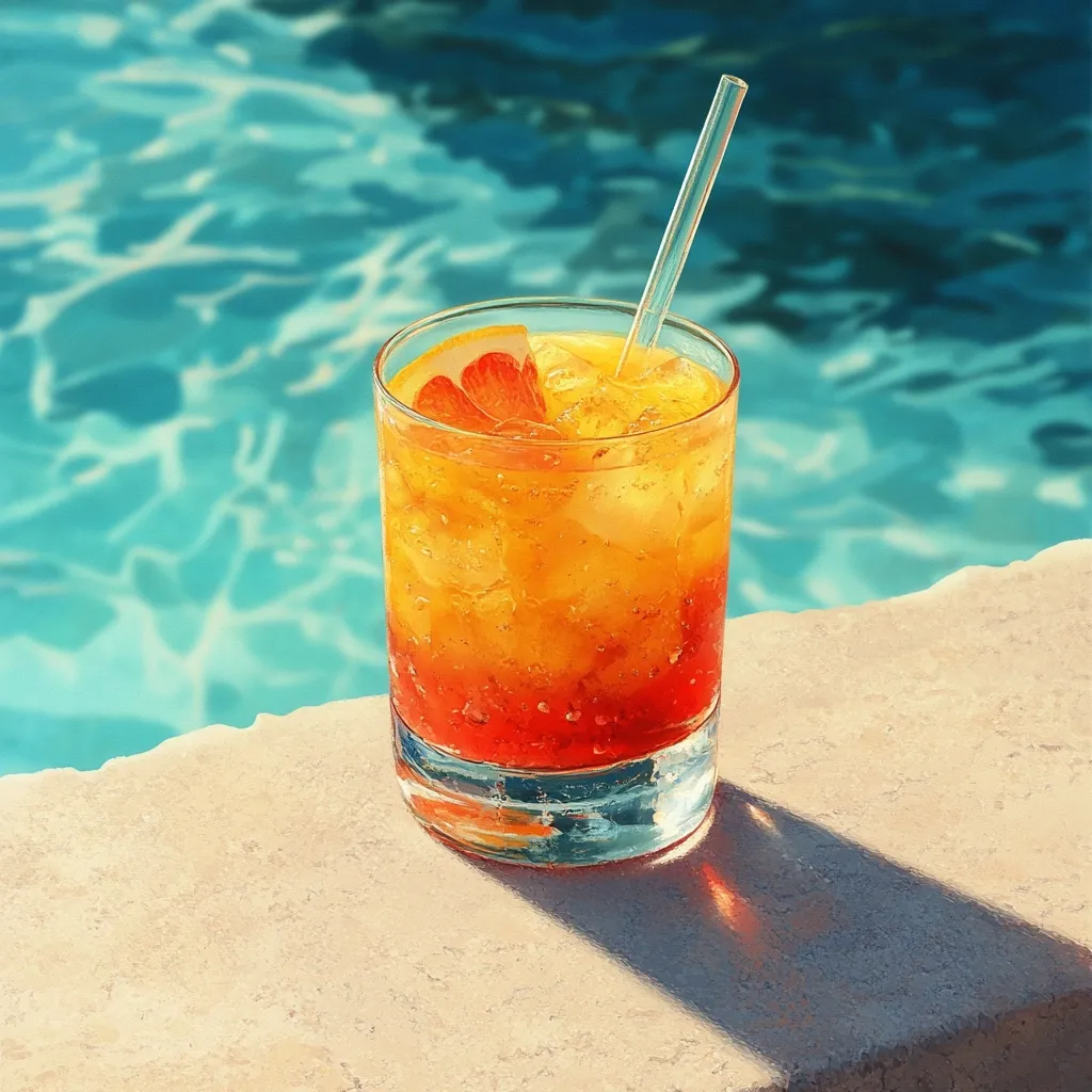 A refreshing summer cocktail sits by the pool.  The layered drink, a vibrant orange and red, is filled with ice and garnished with a grapefruit slice. A clear straw rests in the glass.  The turquoise pool water provides a shimmering backdrop, with sunlight casting a shadow on the poolside.  The scene evokes a feeling of relaxation and summer leisure.