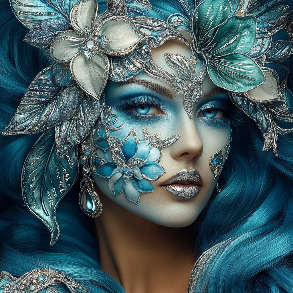 A woman with vibrant blue hair is adorned in an elaborate, icy-blue headdress and face paint.  The intricate design features silver embellishments and delicate floral patterns.  Her makeup accentuates striking blue eyes and a silver lip. The overall effect is ethereal and otherworldly, evoking a sense of fantasy and winter magic.
