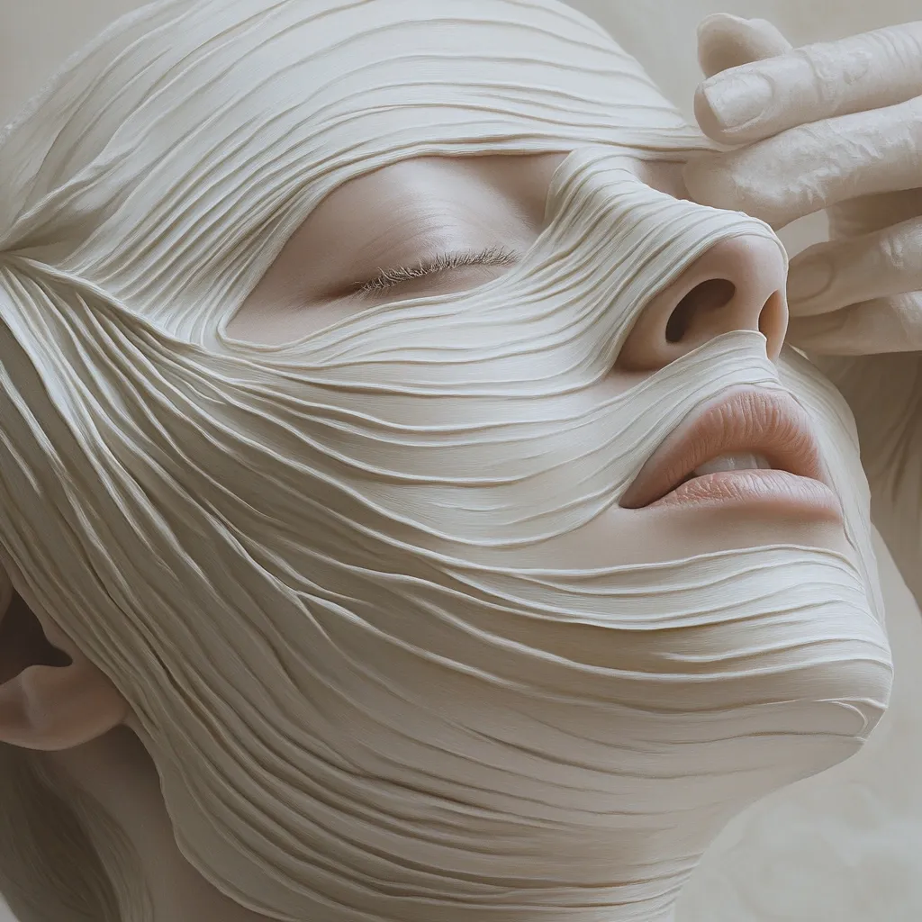 A close-up shot reveals a person's face entirely covered by a textured, off-white mask.  The mask's pleated, flowing fabric-like texture drapes over the face, obscuring most features except for closed eyes and subtly visible lips.  A hand, similarly pale, gently rests near the person's face, enhancing the image's ethereal and artistic quality. The overall aesthetic is minimalist and serene.