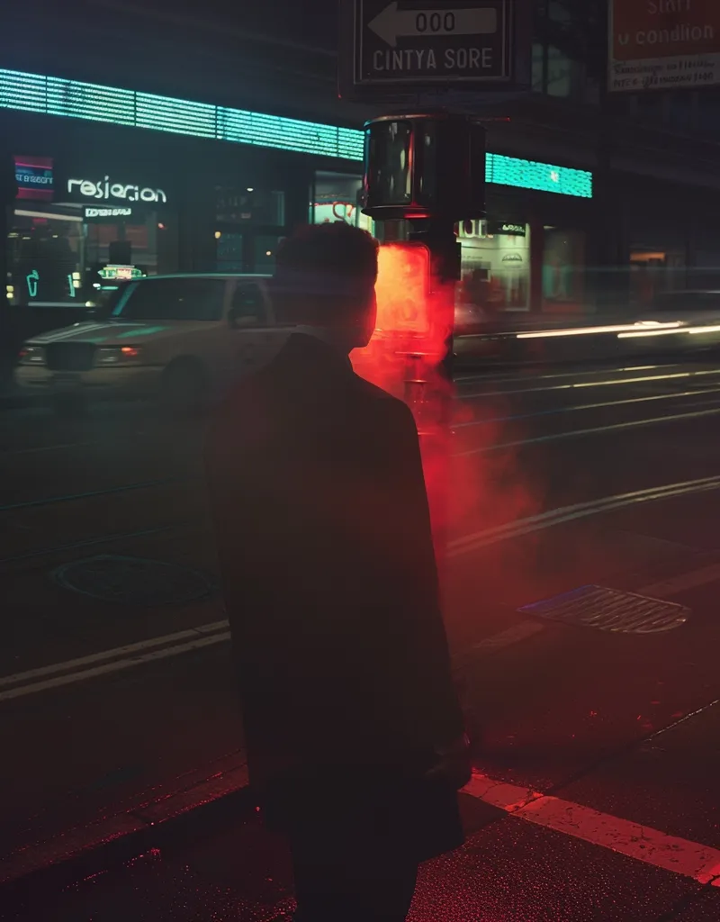A person stands at a crosswalk in a city at night.  A red traffic light glows brightly, casting a red haze.  The background is blurred, showing city lights and buildings. The scene is dark and moody, with a strong contrast between the bright red light and the dark surroundings.  The overall atmosphere is cinematic and atmospheric.
