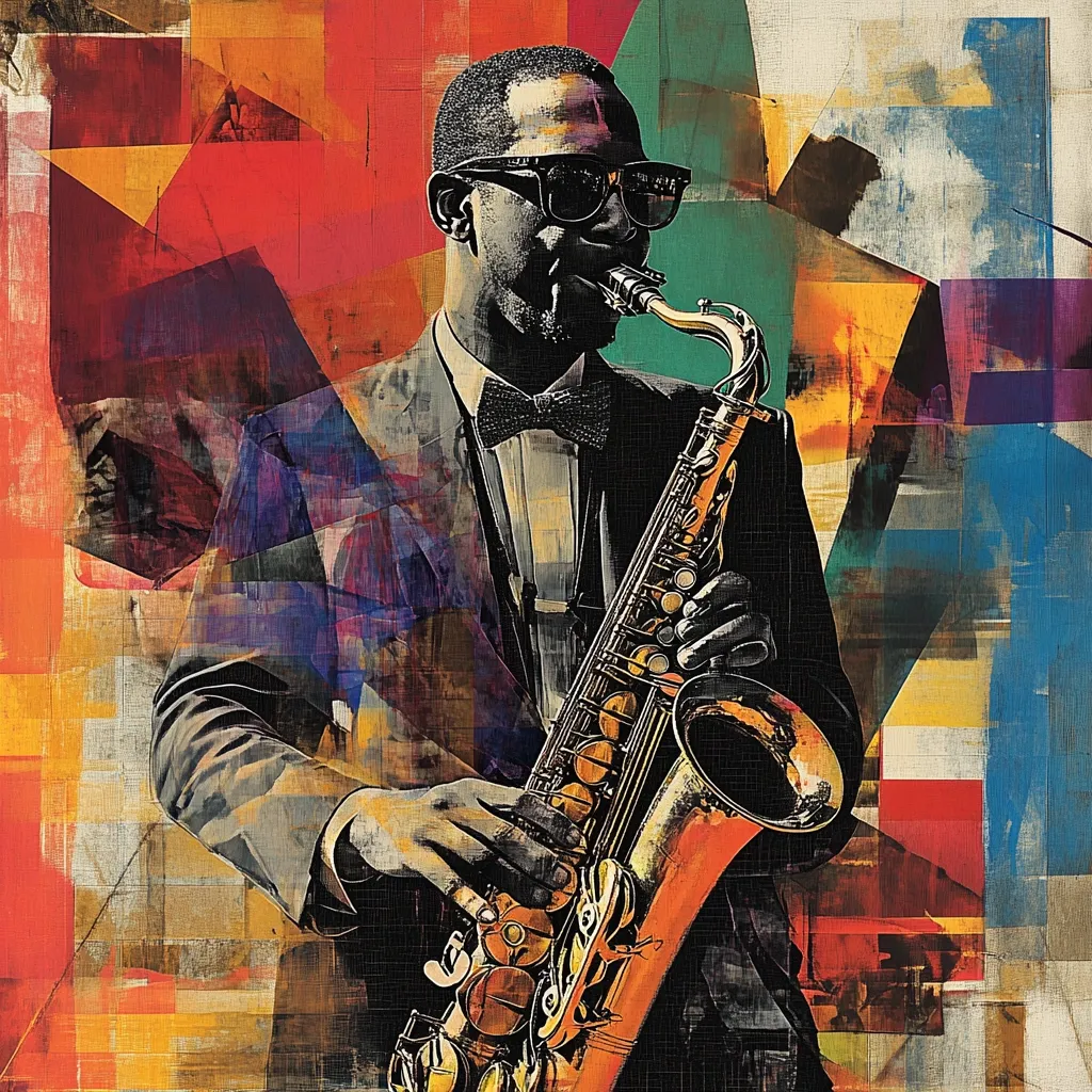 A stylized portrait of a saxophone player.  The image is composed of vibrant, overlapping geometric shapes in warm and cool tones, creating a textured, abstract background. The musician, wearing a suit and bow tie, is centrally positioned, his focus on playing his instrument.  The artwork blends realism with abstract expressionism, highlighting both the musical act and the energy of the performance.
