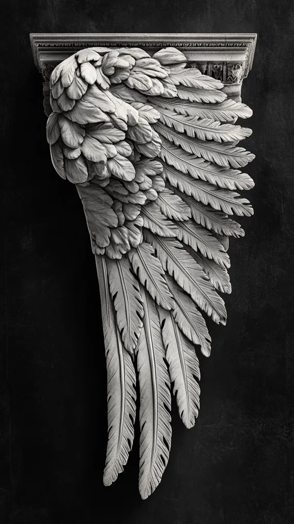 A meticulously detailed, monochrome image showcases a sculpted stone wing affixed to an ornate architectural element. The wing's feathers are individually rendered, creating a realistic texture.  The piece is set against a dark background, emphasizing its intricate detail and sculptural form, suggestive of classical or neoclassical design. The overall effect is one of elegance and artistic precision.